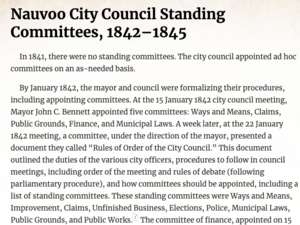 Nauvoo City Council Standing Committees, 1842–1845